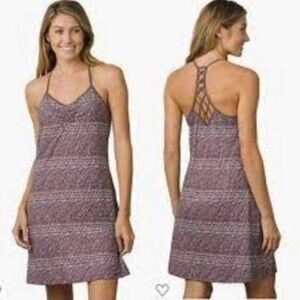 Prana Elixir Jersey Knit Striped Plum Brown Racerback Outdoor Hiking Large Dress